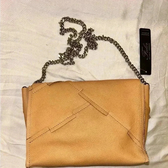 FALOR Genuine Tan Italian Leather Geometric Stitch Crossbody Clutch - Picture 5 of 7